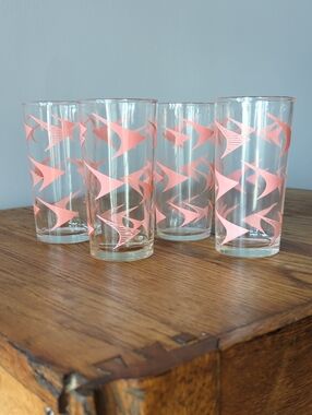 Swanky Swig 5" Tumbler Glasses - Pink Atomic Boomerang Hazel Atlas - Set of 4